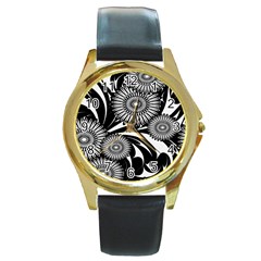 Modern Flowers Vector Seamless Pattern Round Gold Metal Watch