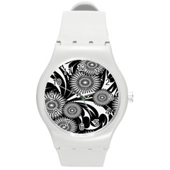 Modern Flowers Vector Seamless Pattern Round Plastic Sport Watch (m)