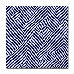 Blue And White Abstract Stripes Tile Coaster by SpinnyChairDesigns