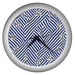 Blue And White Abstract Stripes Wall Clock (silver)