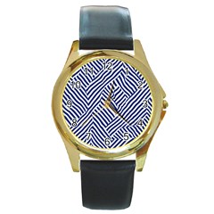 Blue And White Abstract Stripes Round Gold Metal Watch