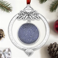 Blue And White Abstract Stripes Metal Silver X mas Leaves Round Ornament