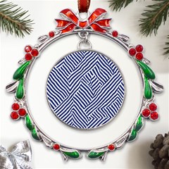 Blue And White Abstract Stripes Metal X mas Wreath Ribbon Ornament