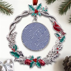 Blue And White Abstract Stripes Metal X mas Wreath Holly Leaf Ornament