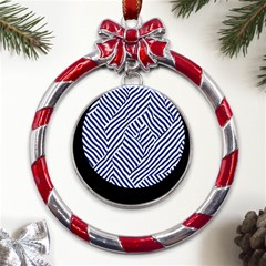 Blue And White Abstract Stripes Metal Red Ribbon Round Ornament