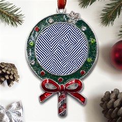 Blue And White Abstract Stripes Metal X mas Lollipop With Crystal Ornament