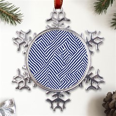 Blue And White Abstract Stripes Metal Large Snowflake Ornament