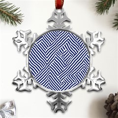 Blue And White Abstract Stripes Metal Small Snowflake Ornament