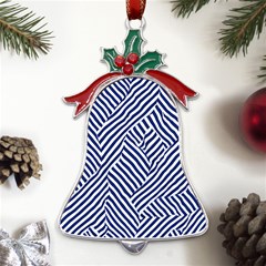 Blue And White Abstract Stripes Metal Holly Leaf Bell Ornament