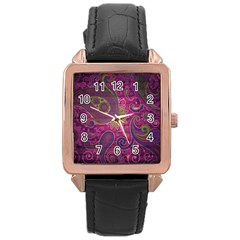 Abstract Purple Pattern Rose Gold Leather Watch 