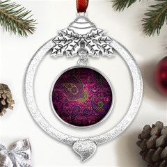 Abstract Purple Pattern Metal Silver X mas Leaves Round Ornament by Bedest