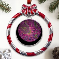 Abstract Purple Pattern Metal Red Ribbon Round Ornament