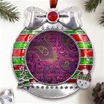 Abstract Purple Pattern Metal X Mas Ribbon With Red Crystal Round Ornament Front