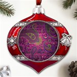 Abstract Purple Pattern Metal Snowflake And Bell Red Ornament Front