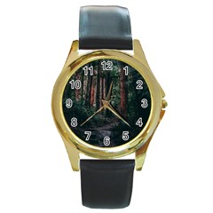 Forest Jungle Trees Tropics Round Gold Metal Watch