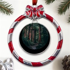 Forest Jungle Trees Tropics Metal Red Ribbon Round Ornament