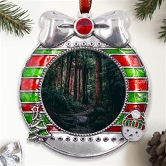 Forest Jungle Trees Tropics Metal X mas Ribbon With Red Crystal Round Ornament