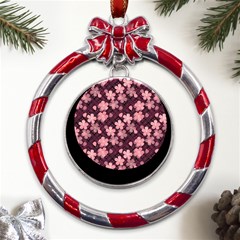 Cherry Blossoms Japanese Metal Red Ribbon Round Ornament