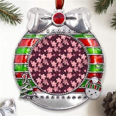 Cherry Blossoms Japanese Metal X mas Ribbon With Red Crystal Round Ornament