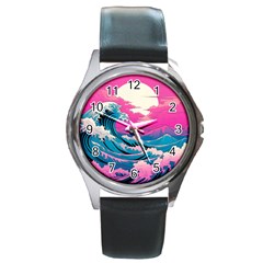 Waves Mountains Sky Round Metal Watch