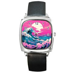 Waves Mountains Sky Square Metal Watch