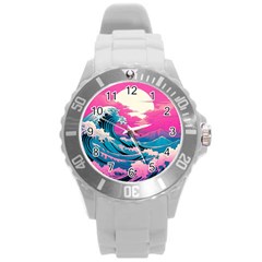 Waves Mountains Sky Round Plastic Sport Watch (l)