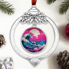 Waves Mountains Sky Metal Silver X mas Leaves Round Ornament