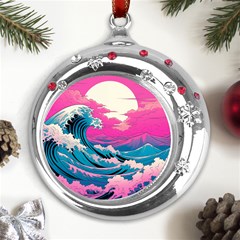 Waves Mountains Sky Metal Snowflake Red Crystal Round Ornament