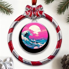 Waves Mountains Sky Metal Red Ribbon Round Ornament