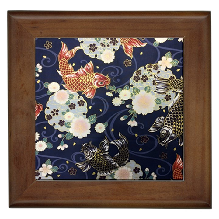 Japanese Wave Koi Illustration Pattern Framed Tile