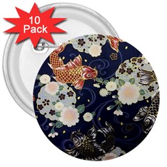 Japanese Wave Koi Illustration Pattern 3  Buttons (10 Pack) 