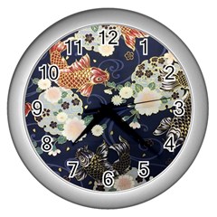 Japanese Wave Koi Illustration Pattern Wall Clock (silver)