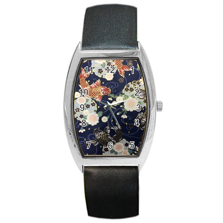 Japanese Wave Koi Illustration Pattern Barrel Style Metal Watch