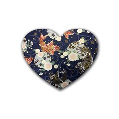 Japanese Wave Koi Illustration Pattern Rubber Heart Coaster (4 Pack)