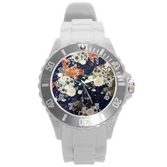 Japanese Wave Koi Illustration Pattern Round Plastic Sport Watch (l)