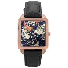 Japanese Wave Koi Illustration Pattern Rose Gold Leather Watch 