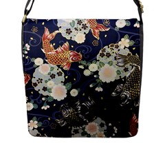 Japanese Wave Koi Illustration Pattern Flap Closure Messenger Bag (l)