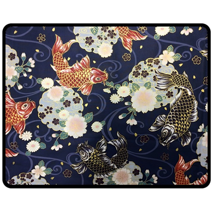 Japanese Wave Koi Illustration Pattern Two Sides Fleece Blanket (Medium)