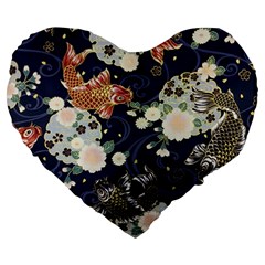 Japanese Wave Koi Illustration Pattern Large 19  Premium Flano Heart Shape Cushions