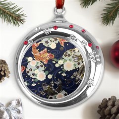 Japanese Wave Koi Illustration Pattern Metal Snowflake Red Crystal Round Ornament