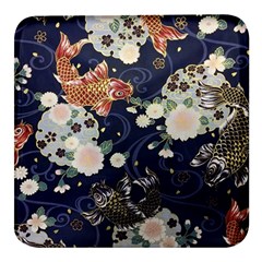 Japanese Wave Koi Illustration Pattern Square Glass Fridge Magnet (4 Pack)