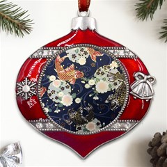 Japanese Wave Koi Illustration Pattern Metal Snowflake And Bell Red Ornament by Ndabl3x