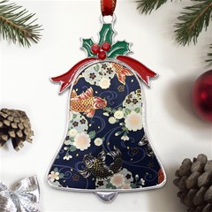 Japanese Wave Koi Illustration Pattern Metal Holly Leaf Bell Ornament