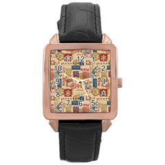 Letters Writing Paper Text Pattern Rose Gold Leather Watch 