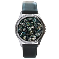 Pattern Flowers Plants Leaves Round Metal Watch