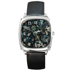 Pattern Flowers Plants Leaves Square Metal Watch