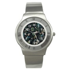 Pattern Flowers Plants Leaves Stainless Steel Watch