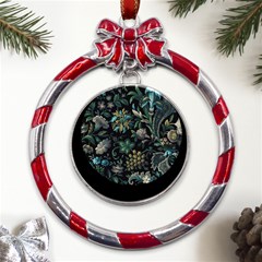 Pattern Flowers Plants Leaves Metal Red Ribbon Round Ornament