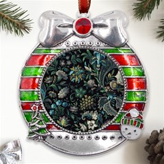 Pattern Flowers Plants Leaves Metal X mas Ribbon With Red Crystal Round Ornament