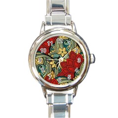 Pattern Shape Colorful Flower Leaves Round Italian Charm Watch by Posterlux